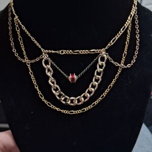 Handmade Gold and Silver Layered Necklace with Red Accent